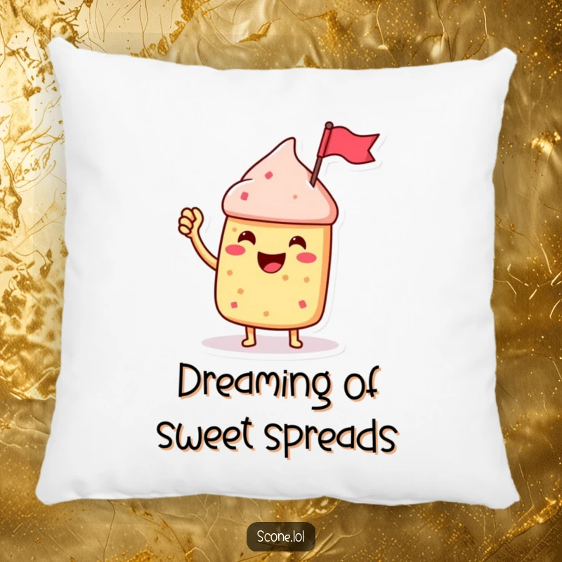 Funny Scone Character Pillow, waving a jam jar flag with enthusiasm, soft, huggable, and full of celebratory spirit.