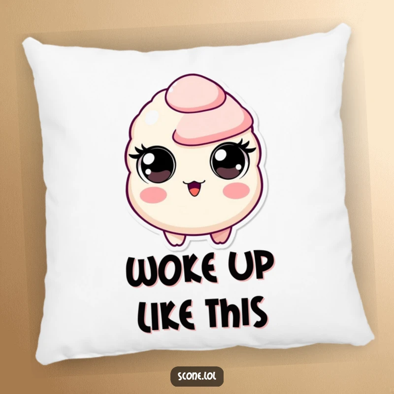Funny pillow featuring a scone character with wide, circular eyes, capturing a moment of hilarious and relatable surprise.