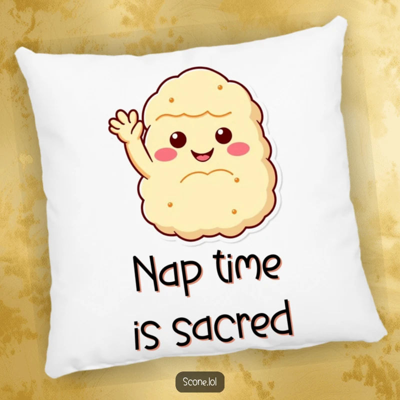 Funny scone pillow featuring a fluffy, smiling scone with an inviting wave, providing comfort and a touch of baked good humor as a funny gift.