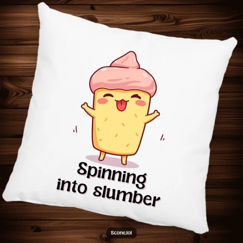 Funny scone pillow, featuring a scone making a silly face with tongue sticking out while spinning, perfect for cozy, humorous comfort.