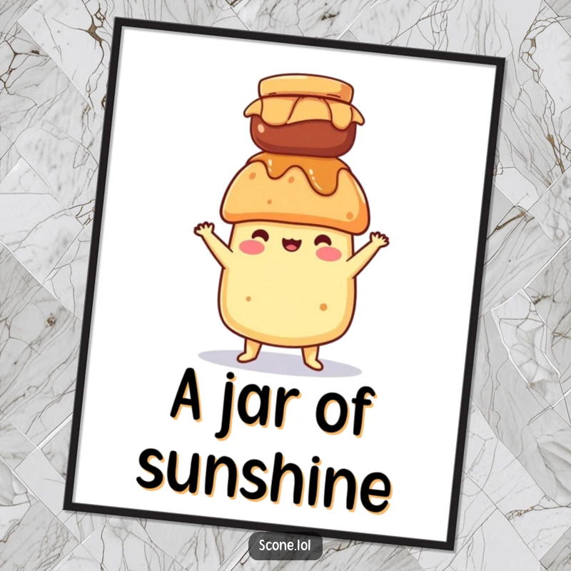 Funny digital art print of a scone character balancing a jar of jam on its head, creating a humorous and visually intriguing piece.