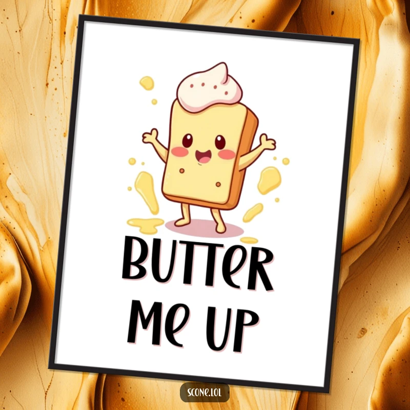 Funny Digital Art Print: A happy scone character dances joyfully amidst butter splatters, a cheerful and humorous piece.