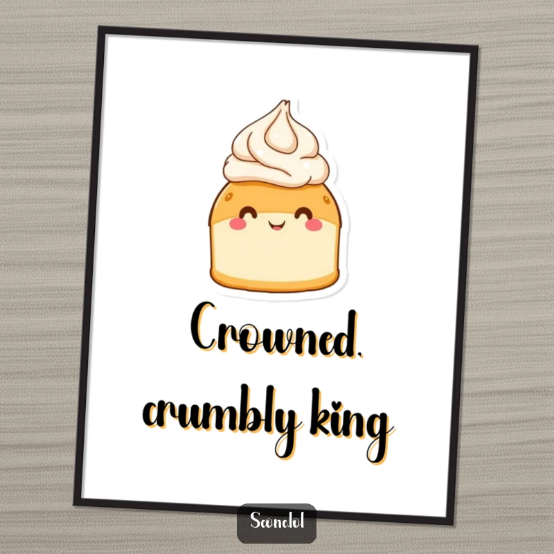 Funny scone in a cream hat, beaming with happiness, as a digital art print for instant home decor.