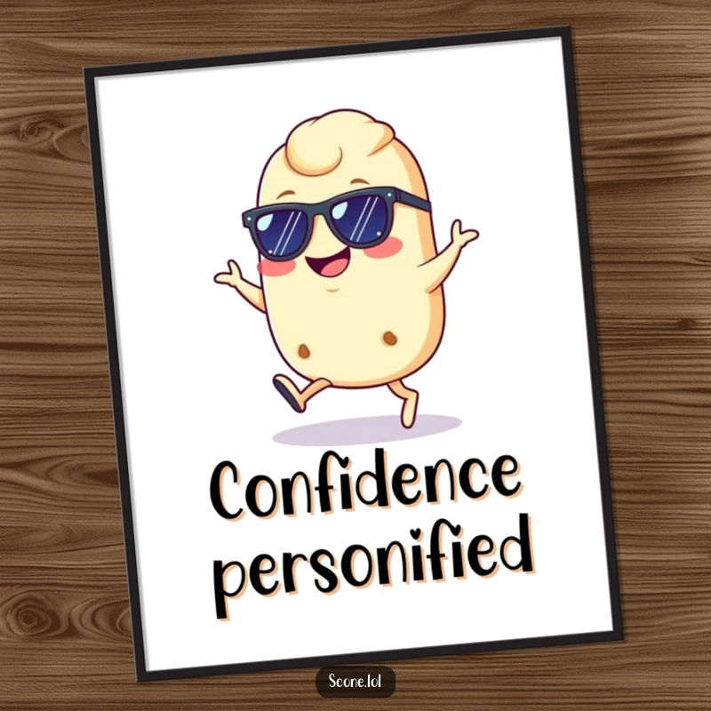 Funny cool scone digital art, showing a scone with sunglasses doing a confident hop with a grin, perfect for stylish and humorous online display.
