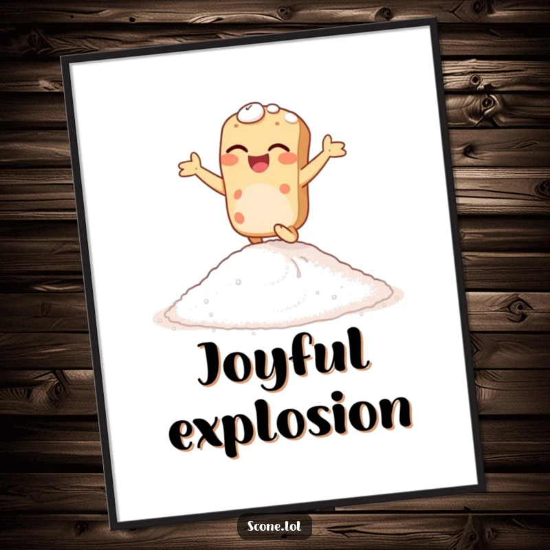 Funny giggling scone digital art, showing a scone hopping with abandon on sugar, perfect for sweet and humorous online display.