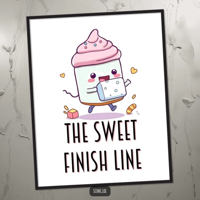 Funny digital art print of a scone character playfully racing a sugar cube, creating a humorous and dynamic visual piece.