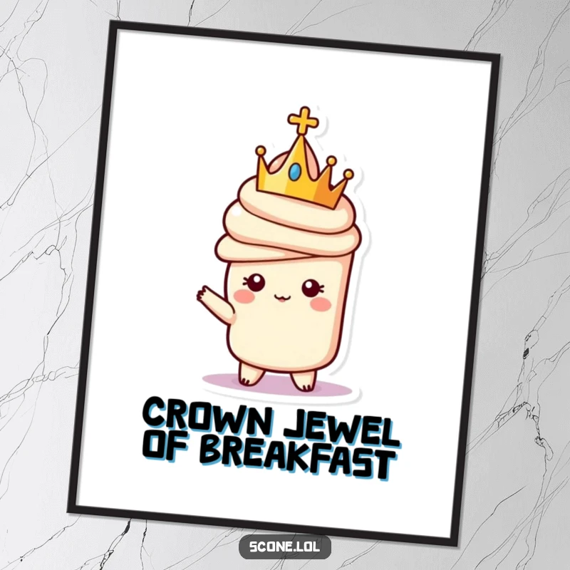 Funny digital art print of a scone character wearing a small crown and striking a regal pose, perfect for humorous wall decor.