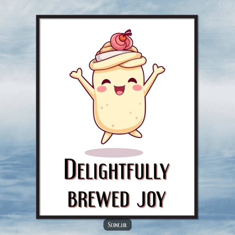 Funny scone digital art print of a scone wearing a tiny teacup hat, jumping with pure delight, perfect for whimsical decor and as a funny gift.