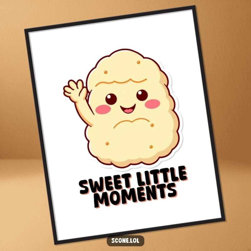 Funny scone digital art print of a fluffy scone with a beaming smile and a welcoming wave, perfect for instant decor and as a funny gift.