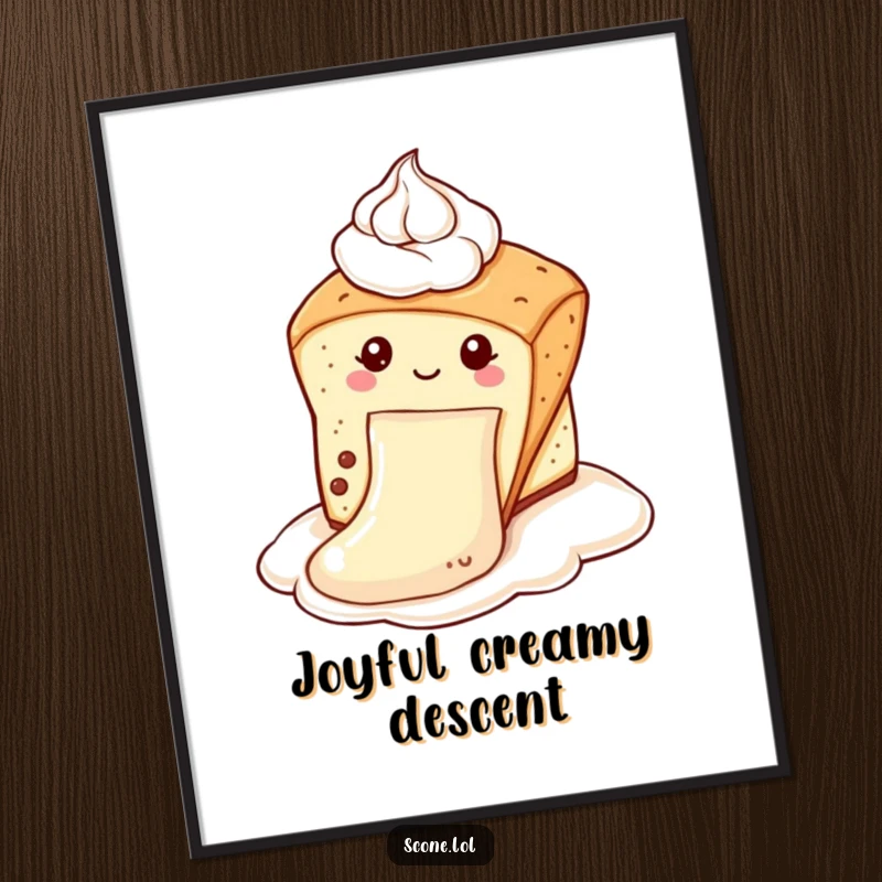 Funny scone digital art print of a scone sliding down a dollop of cream like a slide, perfect for whimsical decor and as a funny gift.