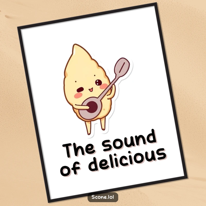 Funny digital art print of a scone character playing a miniature spoon like a musical instrument, creating a harmonious visual experience.