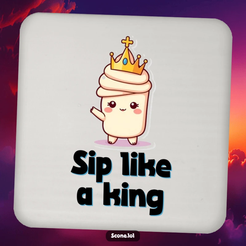 Funny drink coaster featuring a scone character with a tiny crown, posing regally, protecting surfaces with humorous flair.