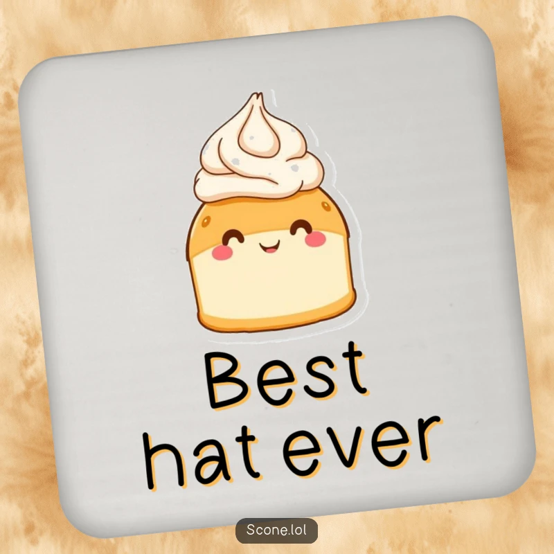 Funny scone wearing a cream hat and beaming, depicted on a protective drink coaster.
