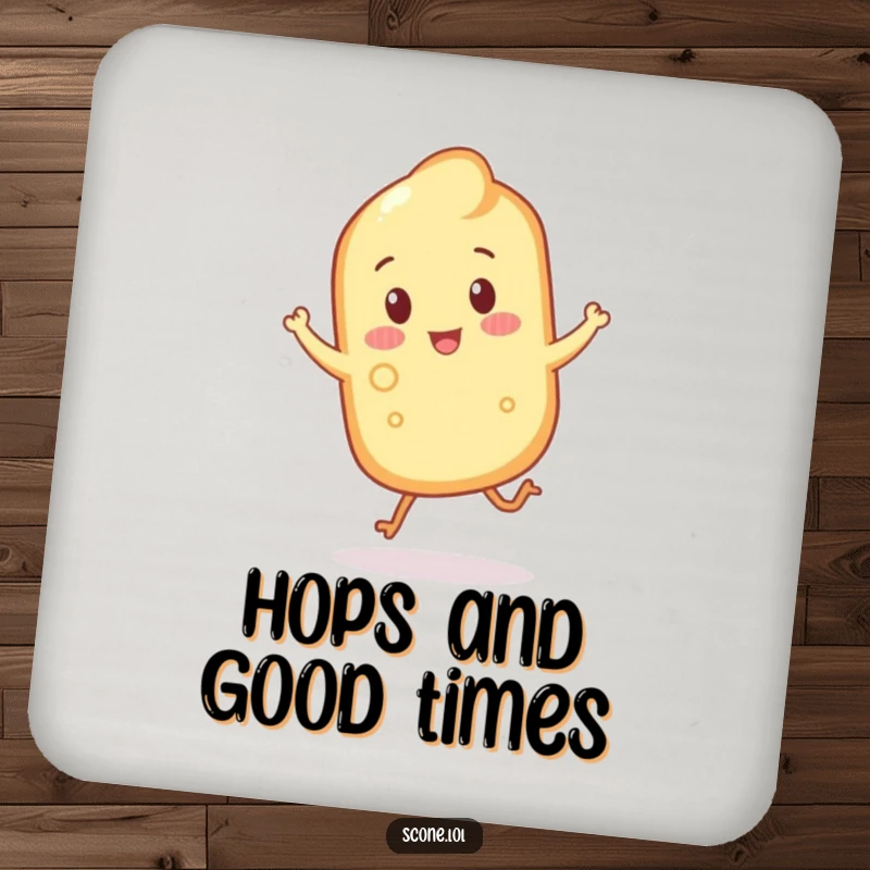 Funny scone with crumbly legs hopping on a protective drink coaster, adding a touch of cheer.