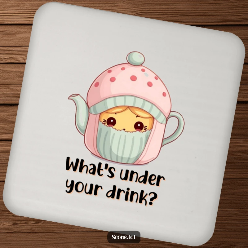 Funny scone curiously peeking from under a tea cozy on a protective drink coaster.