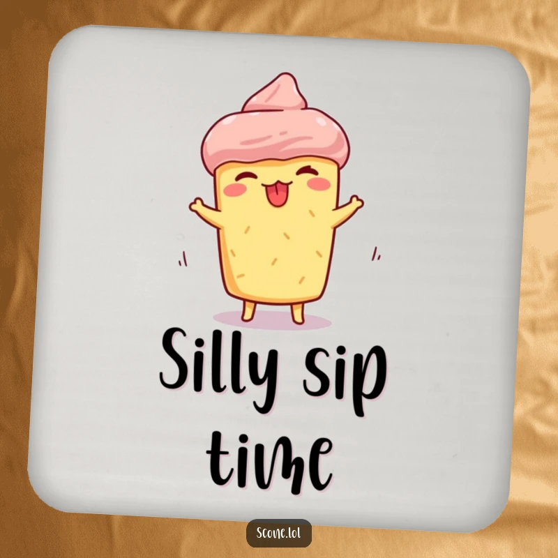Funny scone coaster, depicting a scone making a silly face with tongue sticking out while spinning, perfect for protecting surfaces humorously.
