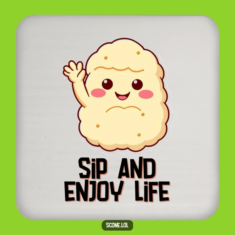 Keep your tables safe and add a dash of fun with this funny scone drink coaster. The smiling, waving scone is a delightful addition to any beverage break, a cute funny gift.