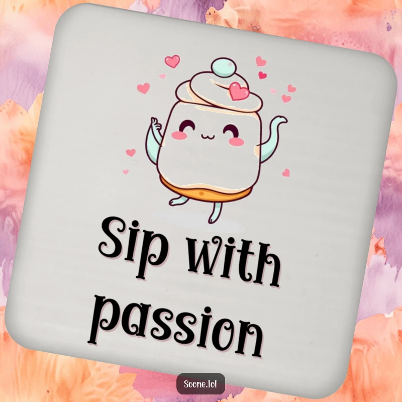 Funny scone coaster, depicting a scone with heart eyes dancing with a swirling teapot, perfect for protecting surfaces romantically.