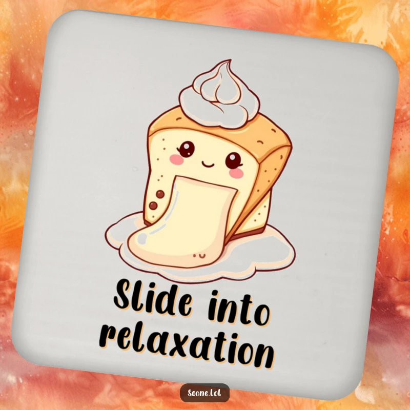 Funny scone drink coaster with a scone sliding down a dollop of cream like a slide, adding charm and humor as a funny gift.