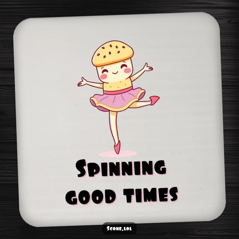 Funny scone performing a graceful, crumbly pirouette on a protective drink coaster.