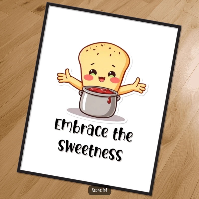 Funny Poster Print: A scone character embraces a pot of jam with open arms, symbolizing love and deliciousness in a humorous artwork.