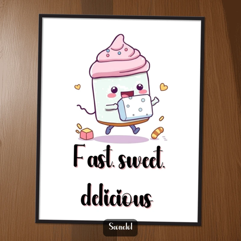 Funny poster of a scone character playfully racing a sugar cube, showcasing a humorous and exciting moment of sweet competition.