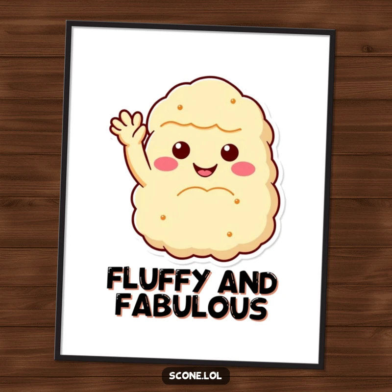 Funny scone poster showcasing a fluffy scone with a cheerful smile and a welcoming wave, ideal as humorous wall art and a funny gift.