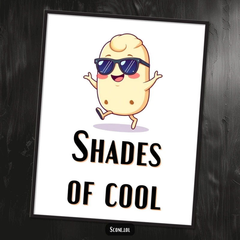 Funny cool scone poster art, depicting a scone with sunglasses doing a confident hop with a grin, ideal for stylish, humorous decor.