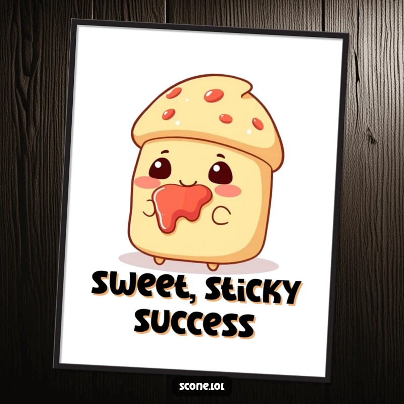 Funny poster of a scone character with jam splattered on its face, looking pleased and embodying delightful baked good mess.