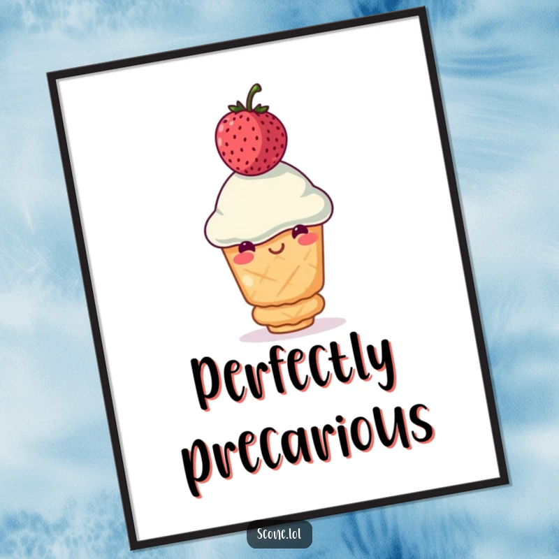 Funny scone poster featuring a smiling scone attempting to balance a wobbly berry on its head, ideal for quirky decor and as a funny gift.