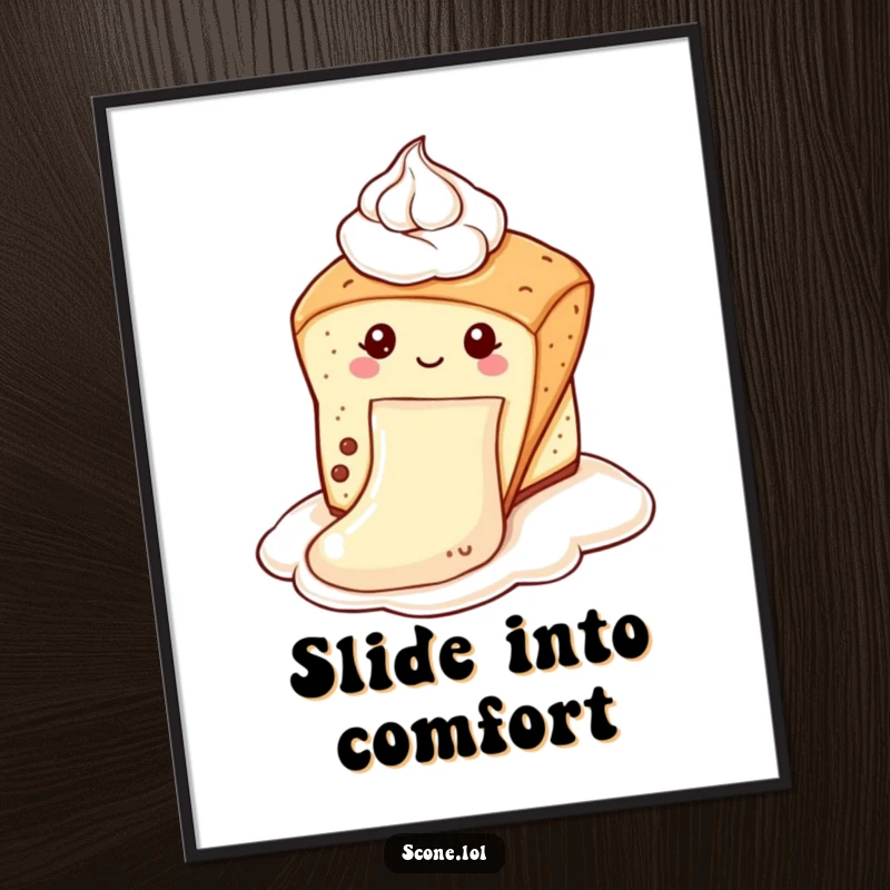 Funny scone poster featuring a scone gleefully sliding down a dollop of cream like a slide, ideal for whimsical decor and as a funny gift.