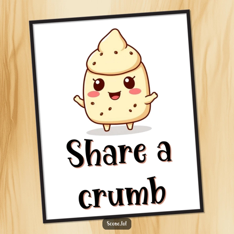 Funny scone character poster showing a scone cheerfully offering a crumb, adding a heartwarming touch to any room.