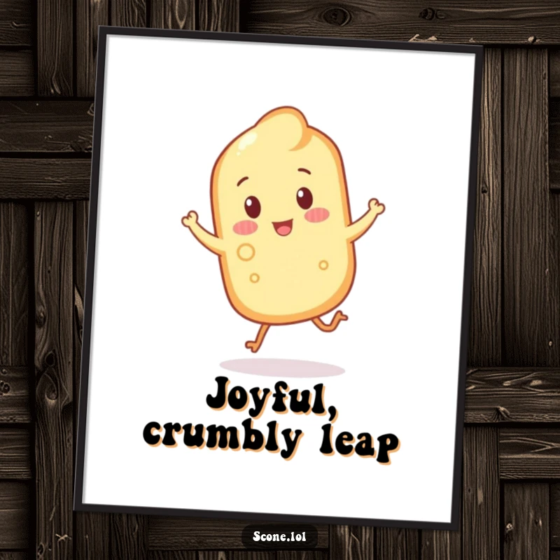 Funny scone with crumbly legs caught mid-hop on a poster, conveying motion and happiness.