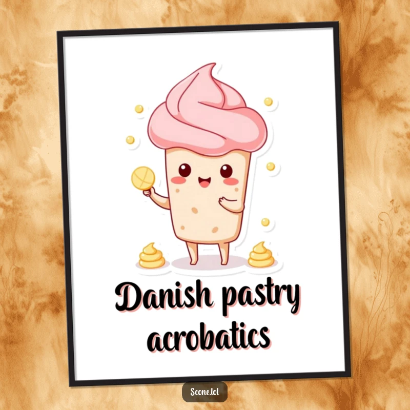 Funny poster print of a scone character in a playful pose, juggling small white dollops of cream with exaggerated cheerfulness.