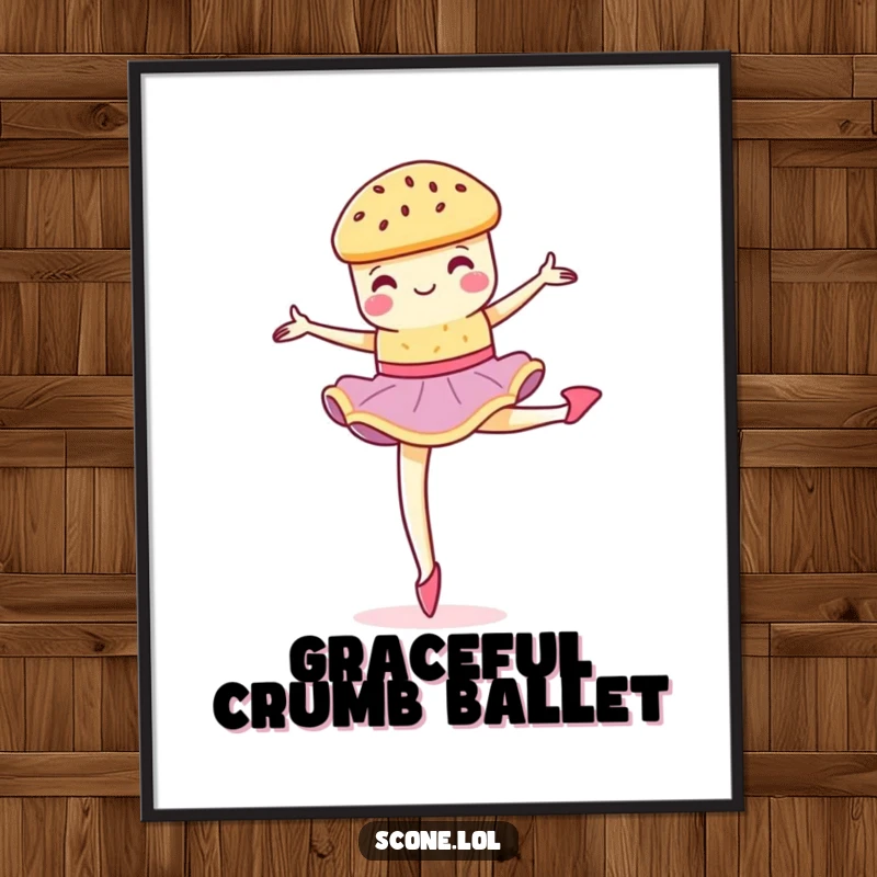 Funny scone performing a graceful, crumbly pirouette on a poster, showcasing dance and artistry.