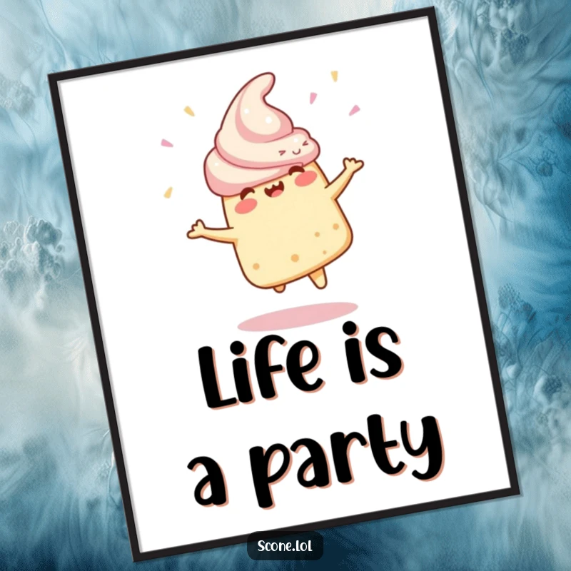 Funny Poster of a scone character performing an energetic celebratory spin, capturing the essence of joy and movement.