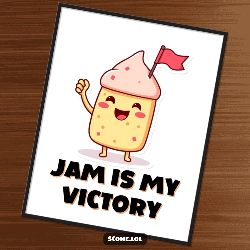 Funny Scone Character Poster, waving a tiny jam jar flag triumphantly, exuding pure, unadulterated jubilation.