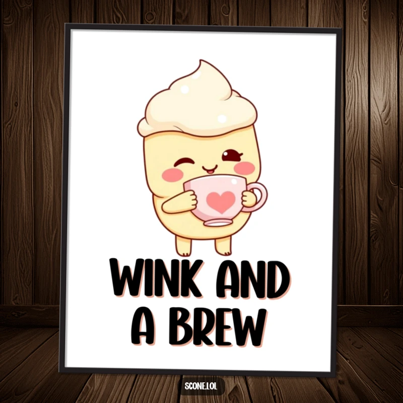 Funny Scone Character Poster, winking charmingly, with a miniature teacup, bringing a touch of sweet humor.