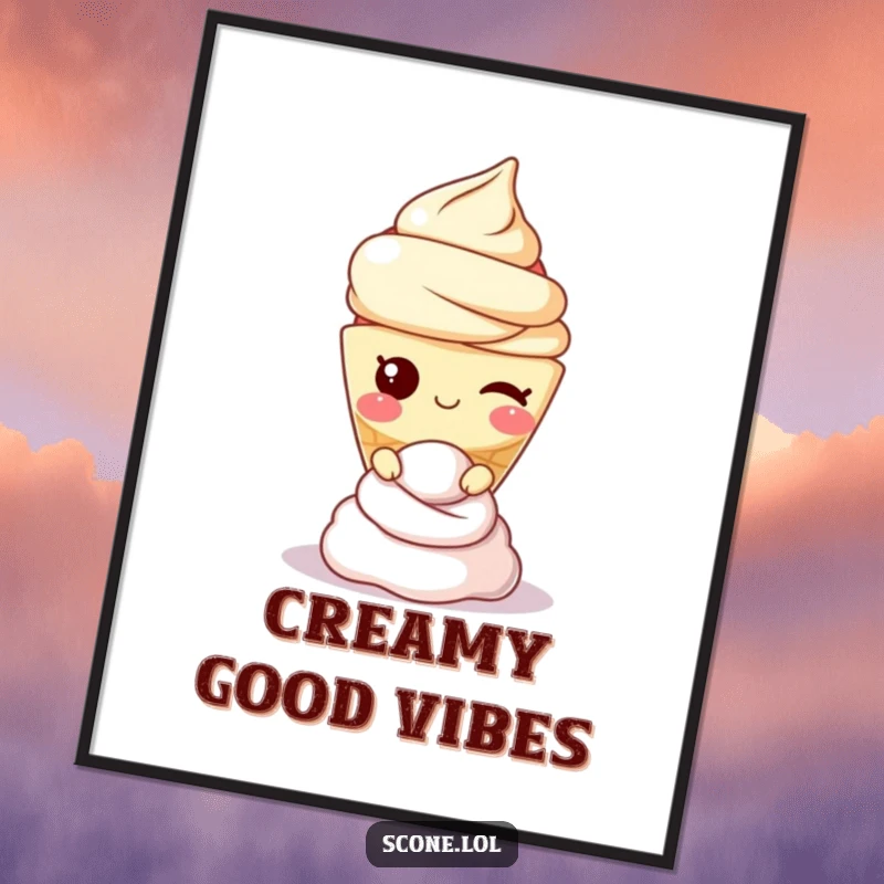 Funny scone character winking elegantly while balancing a dollop of cream, captured on a vibrant poster for decor.