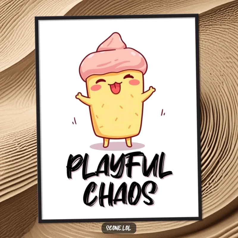 Funny scone poster art, depicting a scone making a silly face with tongue sticking out while spinning, ideal for humorous decor.