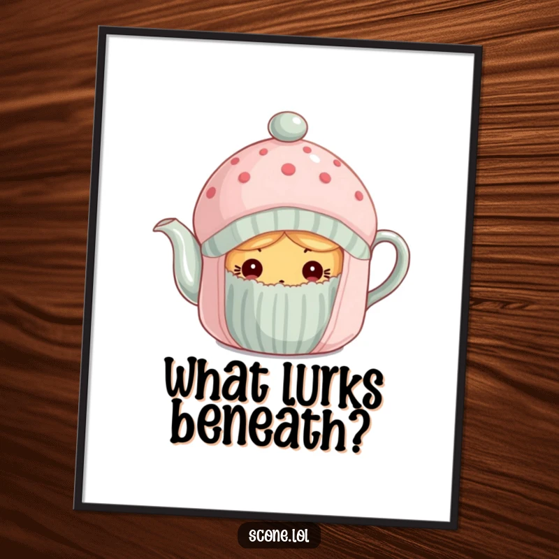 Funny scone curiously peeking from under a tea cozy on a poster, inviting gentle curiosity.