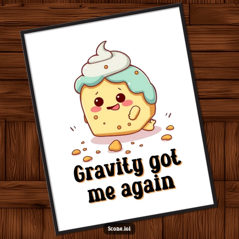Funny poster featuring a scone character comically tripping over a tiny crumb, capturing a moment of relatable slapstick.