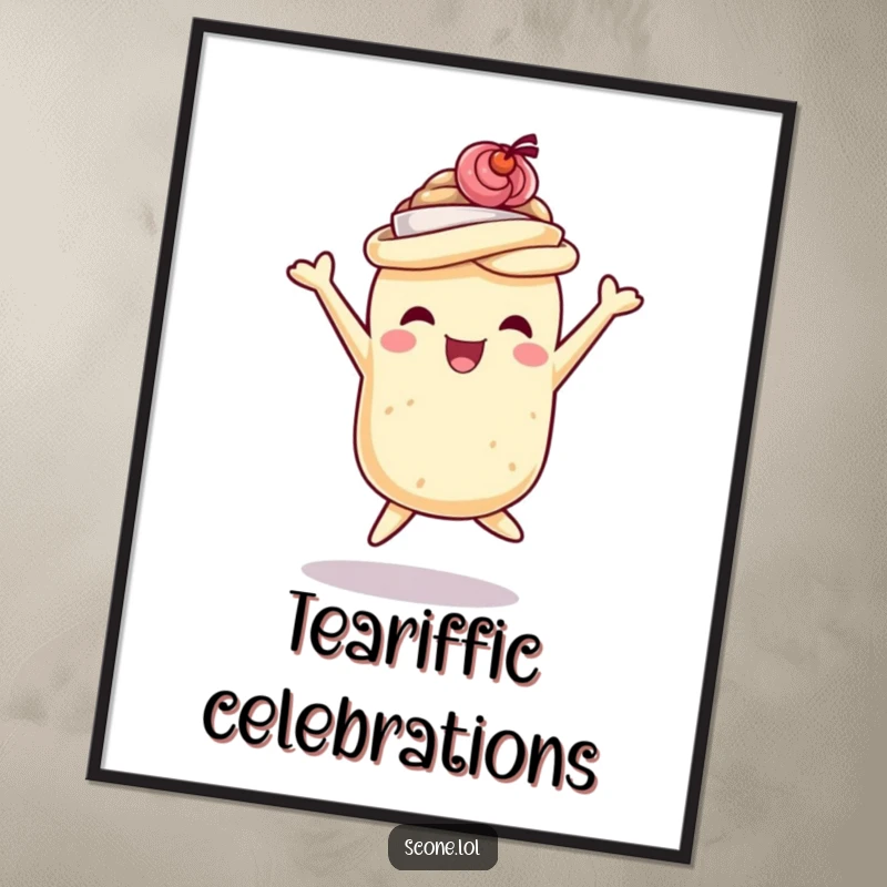 Funny scone poster of a scone wearing a tiny teacup hat, captured mid-jump in joyful celebration, perfect for whimsical decor and as a funny gift.