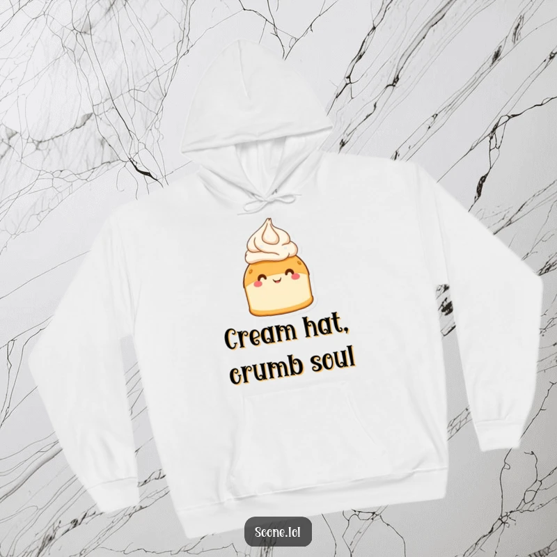Funny scone wearing a cream hat, beaming happily on a cozy hoodie, perfect for casual wear and smiles.