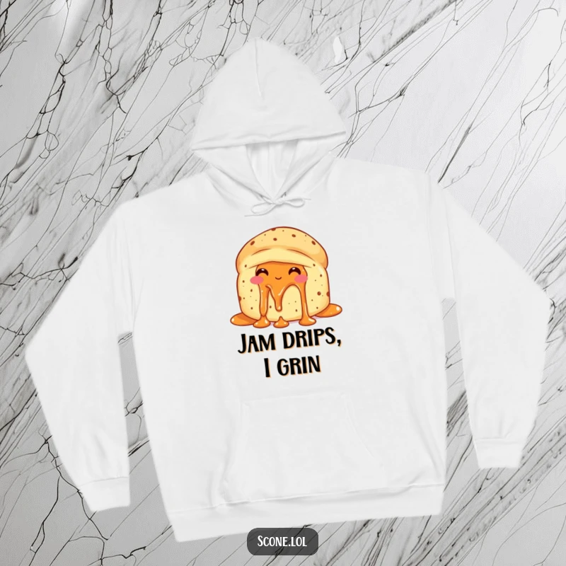 Funny scone with dripping jam, looking delighted with itself on a cozy hoodie, perfect for comfort.