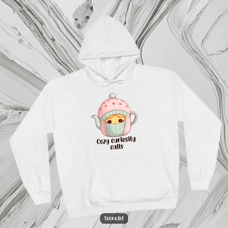 Funny scone curiously peeking from under a tea cozy on a cozy hoodie, offering warmth and intrigue.