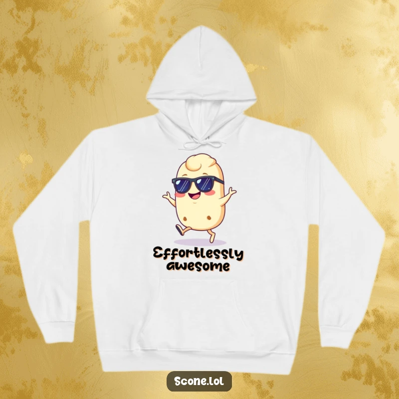 Funny cool scone hoodie, depicting a scone with sunglasses doing a confident hop with a grin, offering warmth and swagger.