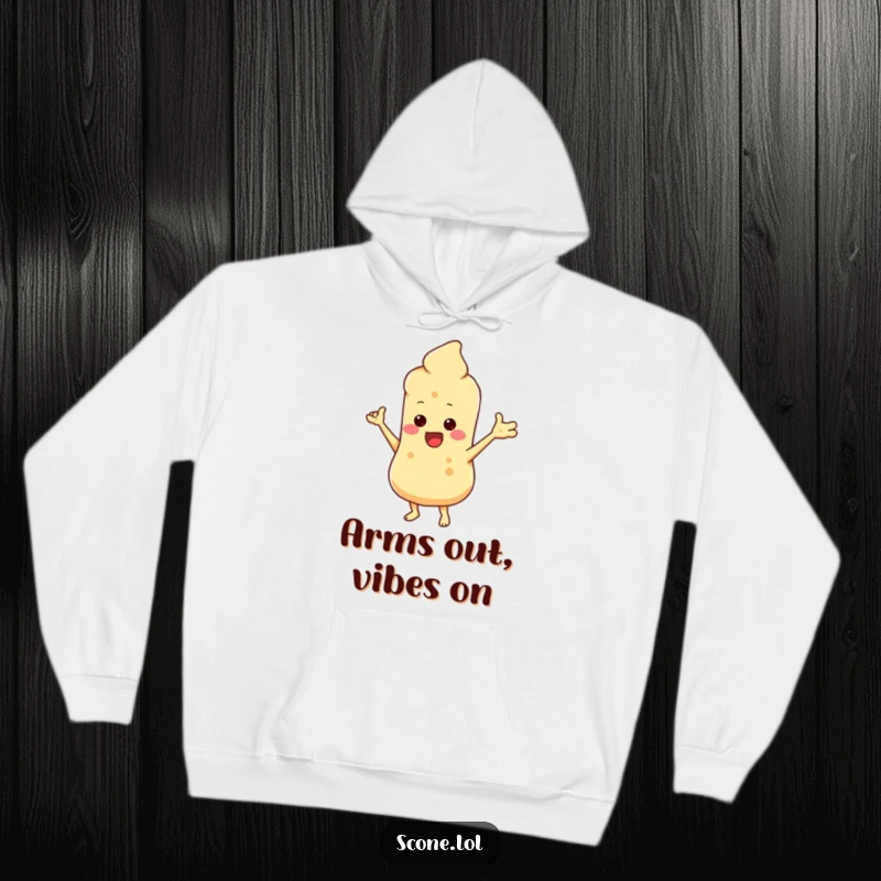 Funny hoodie with a scone character in a silly dance pose, arms outstretched, radiating pure joy. Comfortable and humorous apparel.