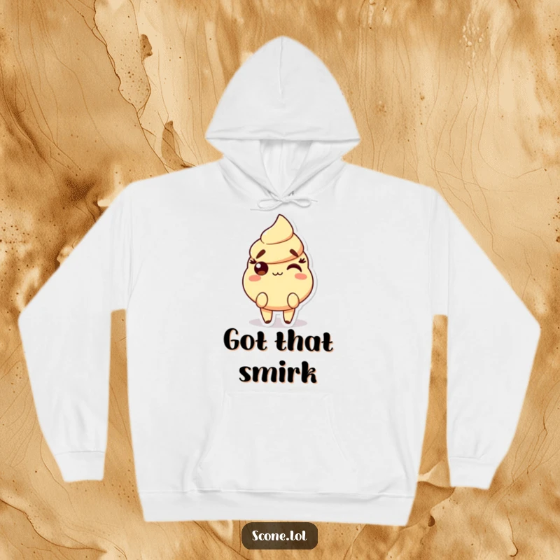 Funny Scone Hoodie with a character showing raised eyebrows and a playful smirk, perfect for cozy, cheeky comfort.