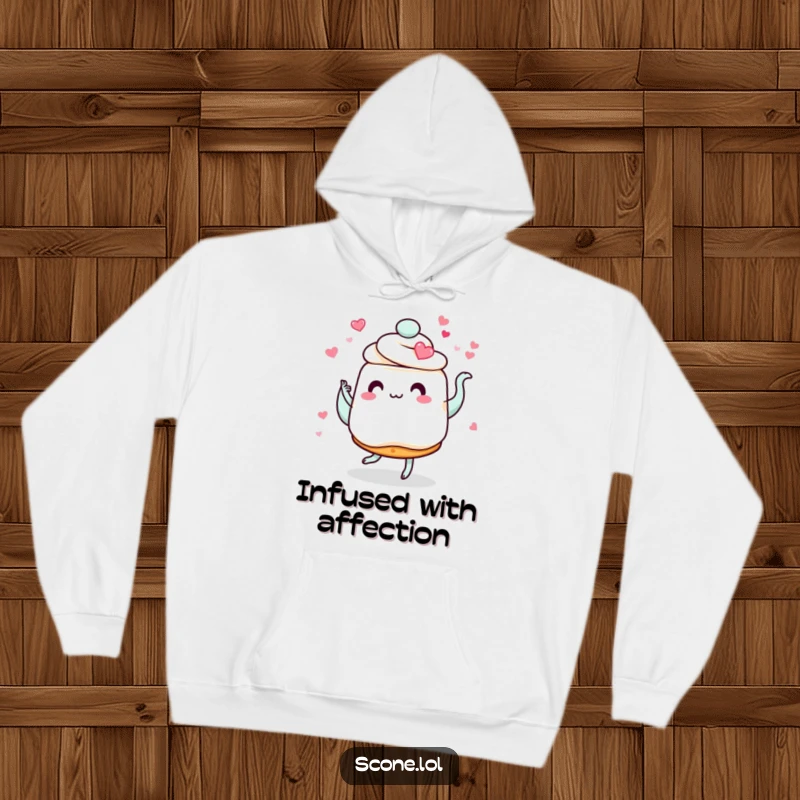 Funny scone hoodie, depicting a scone with heart eyes dancing with a swirling teapot, offering comfort and sweet humor.
